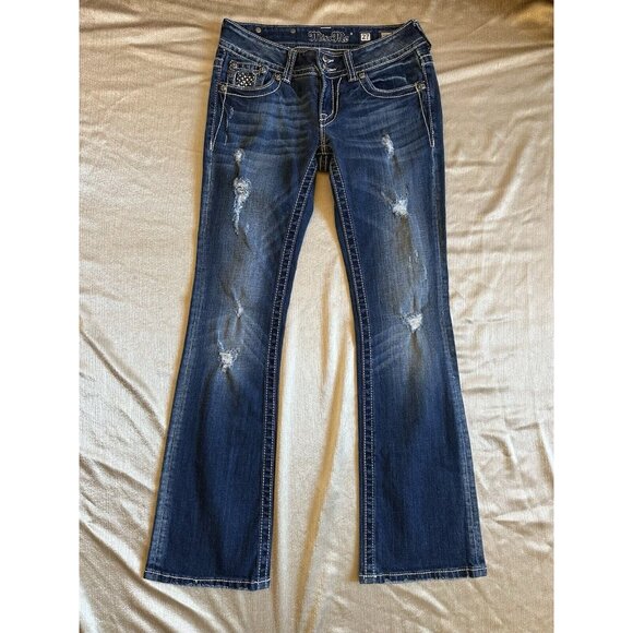 Miss Me Jeans Sz 27 Boot Rhinestone Belt Sparkle Flap Pocket Lo Rise Medium Wash - Picture 5 of 10